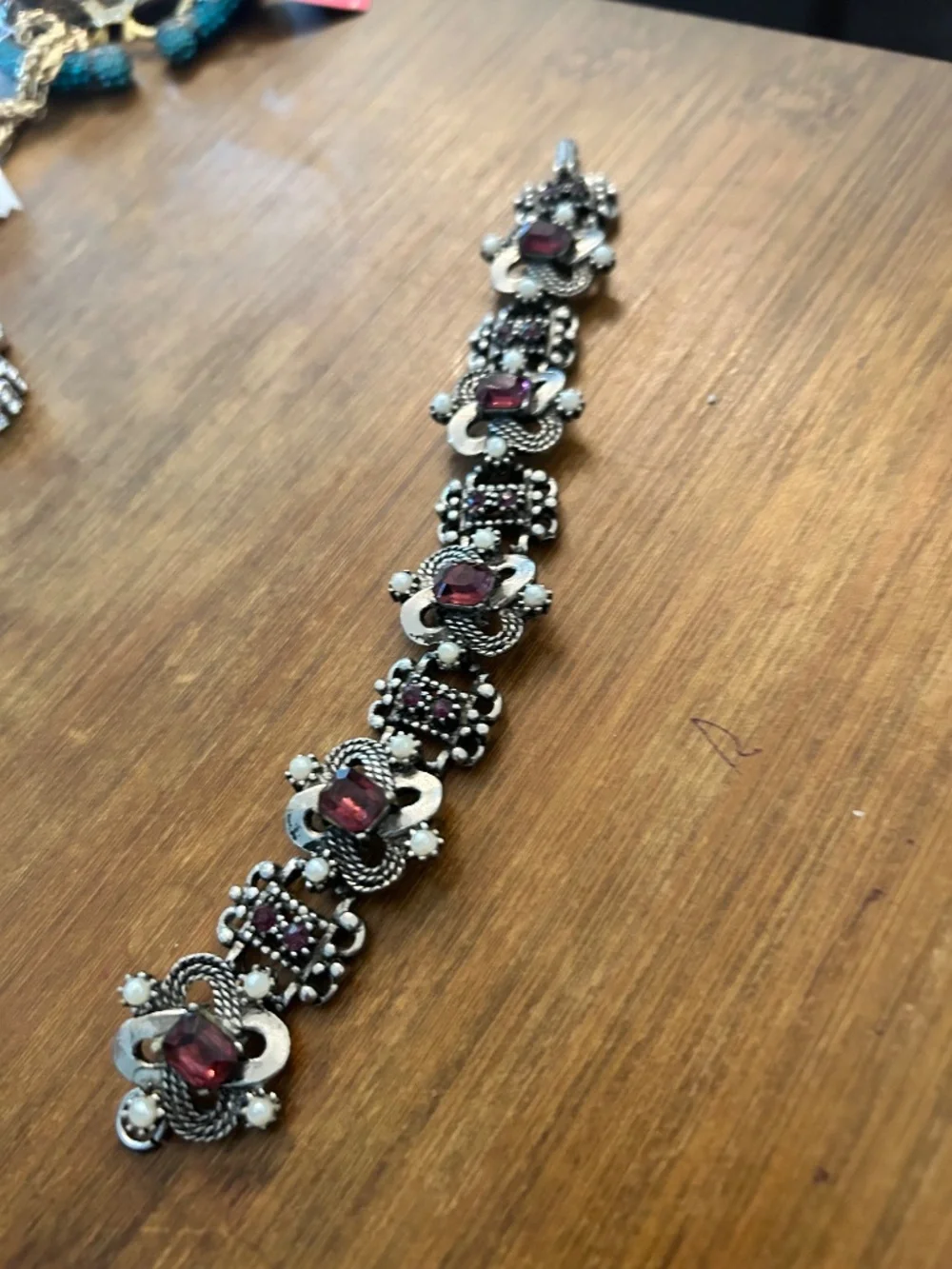 Vintage Silver Tone Purple Faceted Glass & Pearl Bracelet & Matching Earring Set
